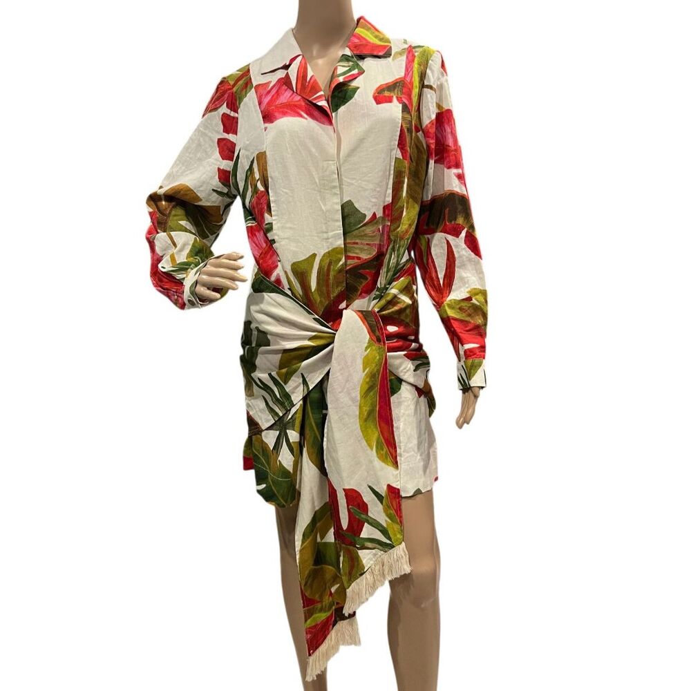 FARM Rio Spring Forest Long Sleeve Linen Blend Wrap Colorful Mini Dress Sz L NWT